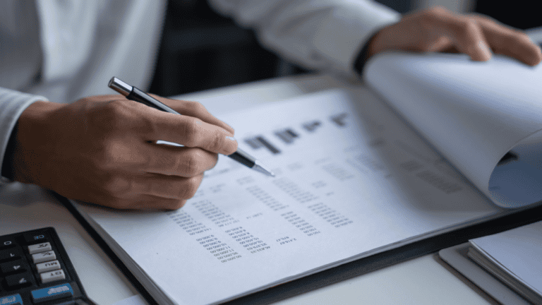 Attorney reviewing law firm trust account financial records and reconciliation reports with a pen and calculator